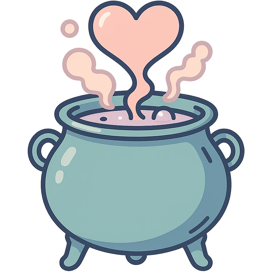A detailed and volumetric witch's cauldron brewing a potion, with steam transforming into a heart shape. The cauldron has intricate details including handles, legs, and texture, rendered with thin, clean outlines and soft rounded shapes. Use a pastel color palette with #98B5BC, #B5B3C1, #C9A3C9, #E4C0CA, #F7DCD1, #F7C0AA. Style inspired by modern Japanese pop art and sticker aesthetics, featuring soft lighting and a transparent background. emoji