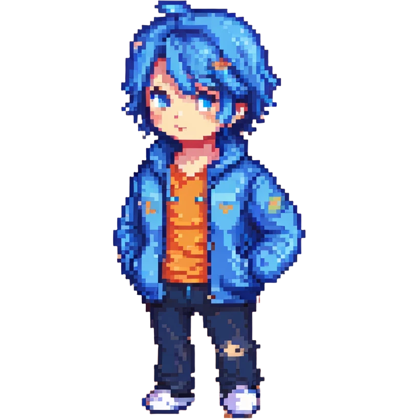 Jin character with a blue jacket, pixel art style emoji