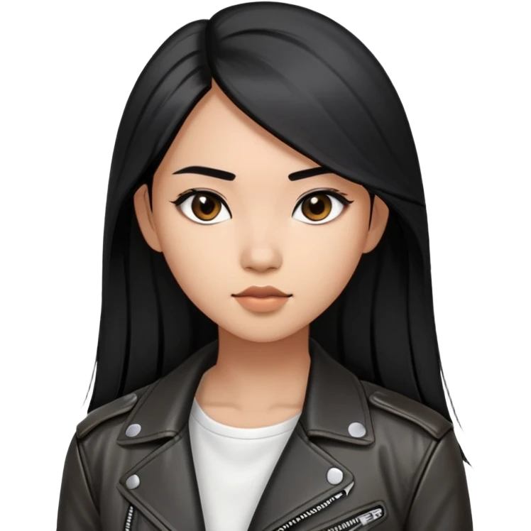 create an emoji of a 22-year-old woman, long straight black hair, black eyes with Asian features, she is brown, wears a black leather jacket with a white blouse underneath emoji