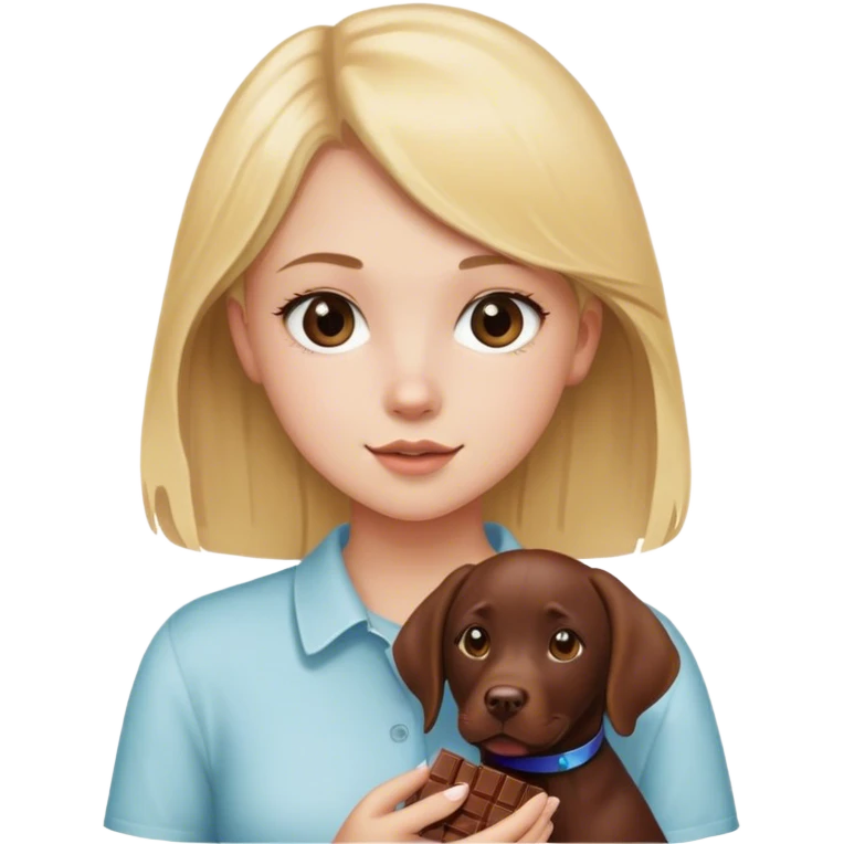 A blonde teen girl holding a chocolate lab emoji