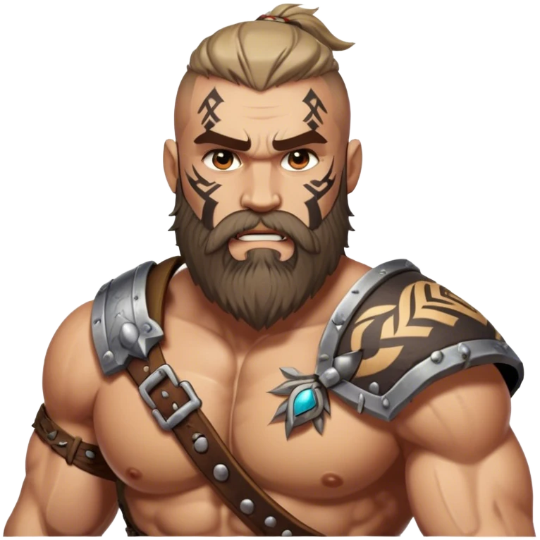 Clash of Clans aesthetic: Cinematic Rugged Barbarian Portrait Emoji, Intense and formidable with a heavily muscled physique, a rugged beard, piercing eyes and battle-worn armor adorned with tribal markings, his complexion a light tan that speaks of hard-fought battles, Simplified yet powerfully detailed features, highly detailed, glowing with a deep, primal energy, high shine, gritty and uncompromising, stylized with an air of raw, untamed power, focused and determined, soft glowing outline, capturing the essence of a barbarian warrior carved by countless battles and poised to lead his clan into epic conflict! emoji