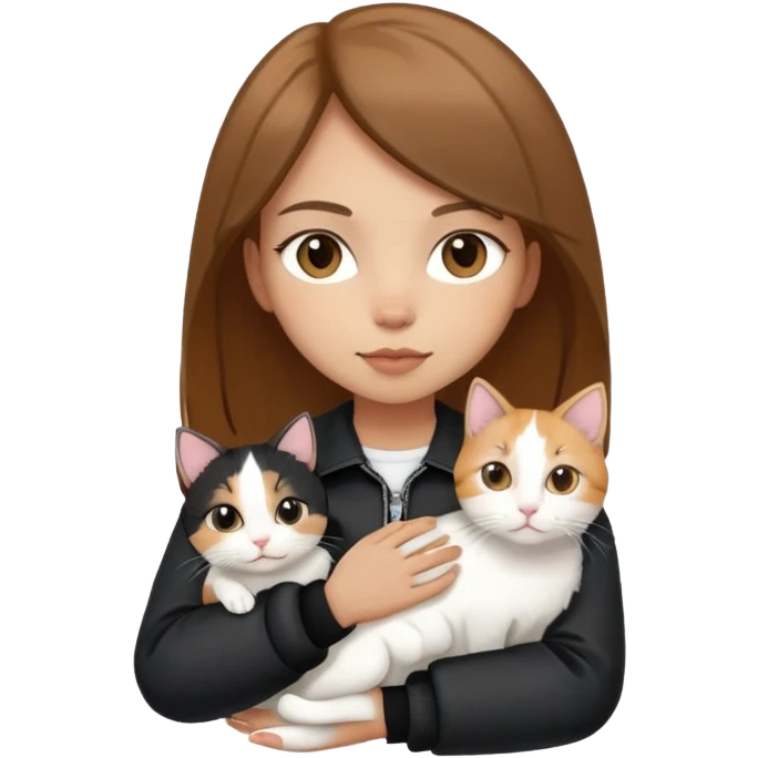 Light-skinned girl with brown straight hair wearing a black jacket, holding one completely white cat and one calico cat emoji