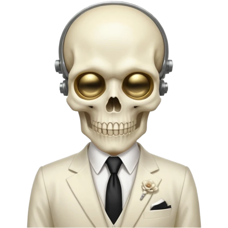 cinematic realistic - a politician in an ivory ethereal suit wears a white tie, has a skull instead of a head, and instead of glasses, has a metal plate with screws over his eyes emoji