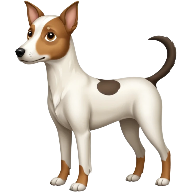 a full body large white floppy eared parson russell looking dog the size of a kelpie with light brown ears and a light brown patch on one eye and a large snout emoji