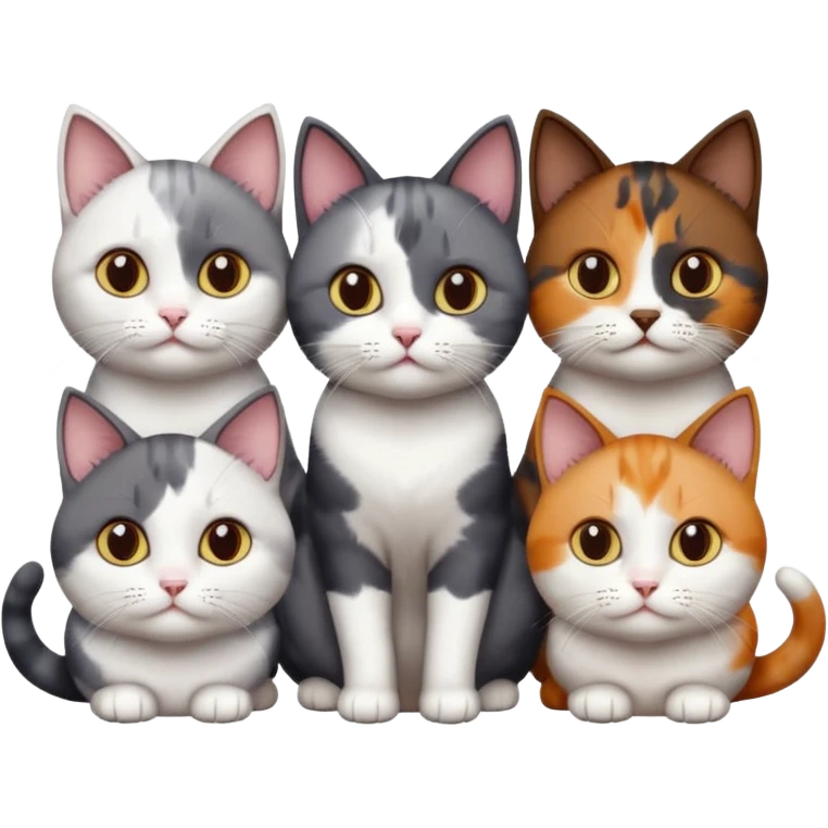 4 different coloured short haired cats including; a dark brown and white cat, and a dark grey and white, and a calico emoji
