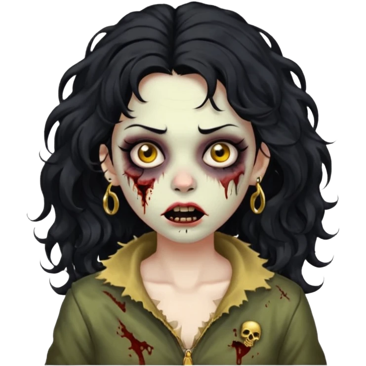 Create a zombie woman with voluminous wavy hair and a gold nose piercing. emoji