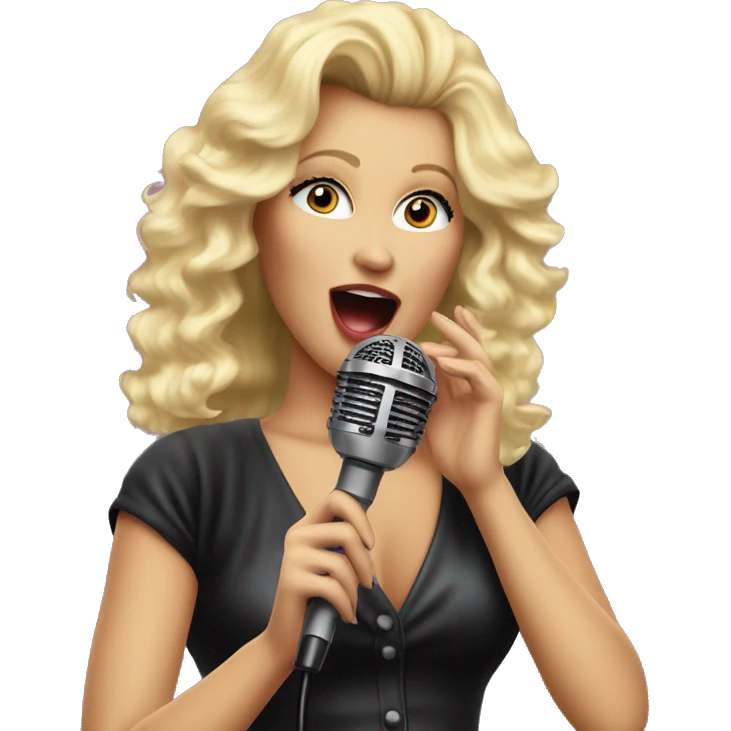 Singer female with blond hair big volume 80's style, singing on the stage with microphone.  Retro rock 80-90's emoji