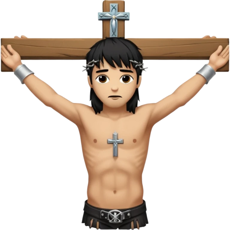 jesus-body-on-the-cross, man, crucifix, black hair, punk hair, punk bangs emoji