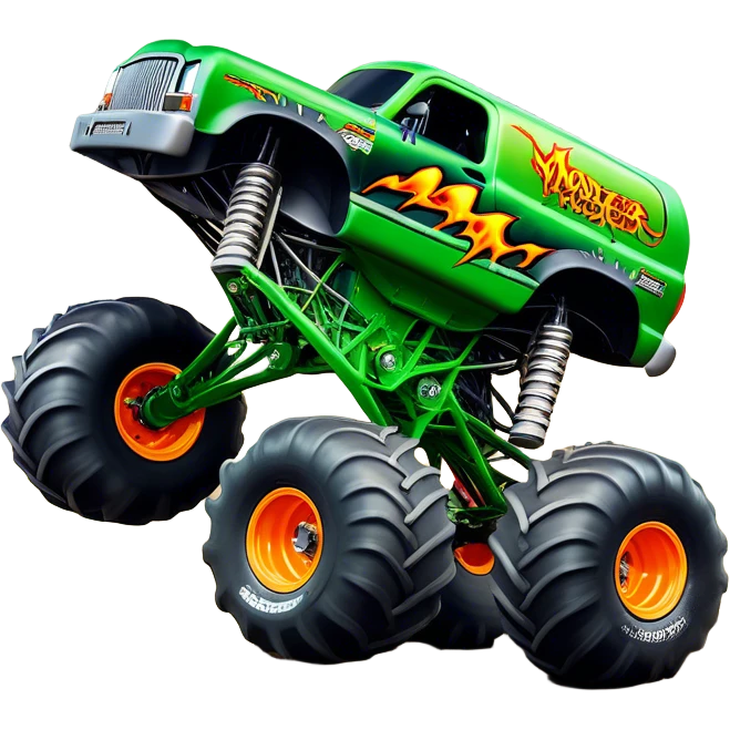 Grave Digger - Monster Jam (Model Year: 2022) (Iconic colour: Green with flames) - A legendary monster truck with a fearsome design: predominantly deep green with dynamic, vibrant flame graphics in bright orange and yellow. Highlight its rough, edgy bodywork and an aura of untamed rebellion. emoji