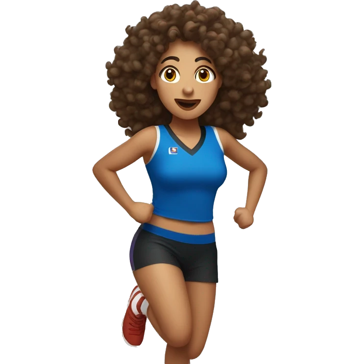 olive skin woman with big brown curls wearing a sports jersey dancing emoji