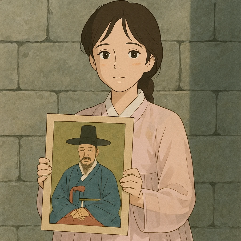 a young woman in a pale pink sheer hanbok holding a traditional Korean portrait in front of a grey stone wall, soft lighting, gentle expression, ghibli style emoji