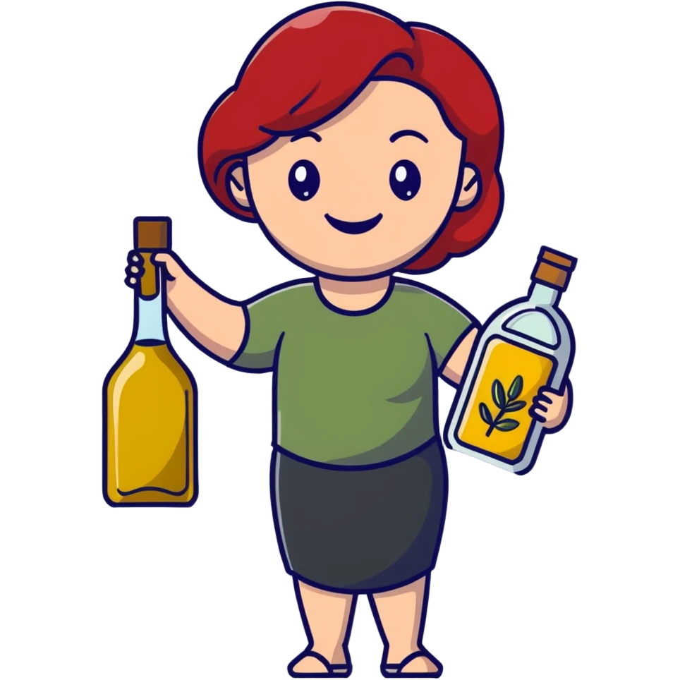 redhead woman with big smile holding olive oil bottle emoji