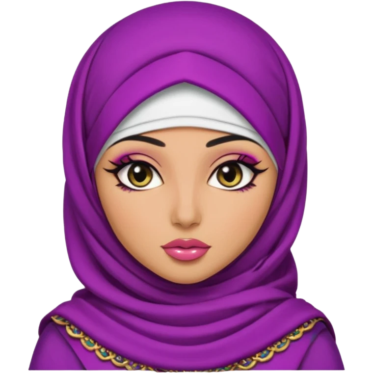 arabian, pretty lips, arab clothes, medium skin, pretty bratz baddie, black eyeliner, loose hijab, colorful emoji