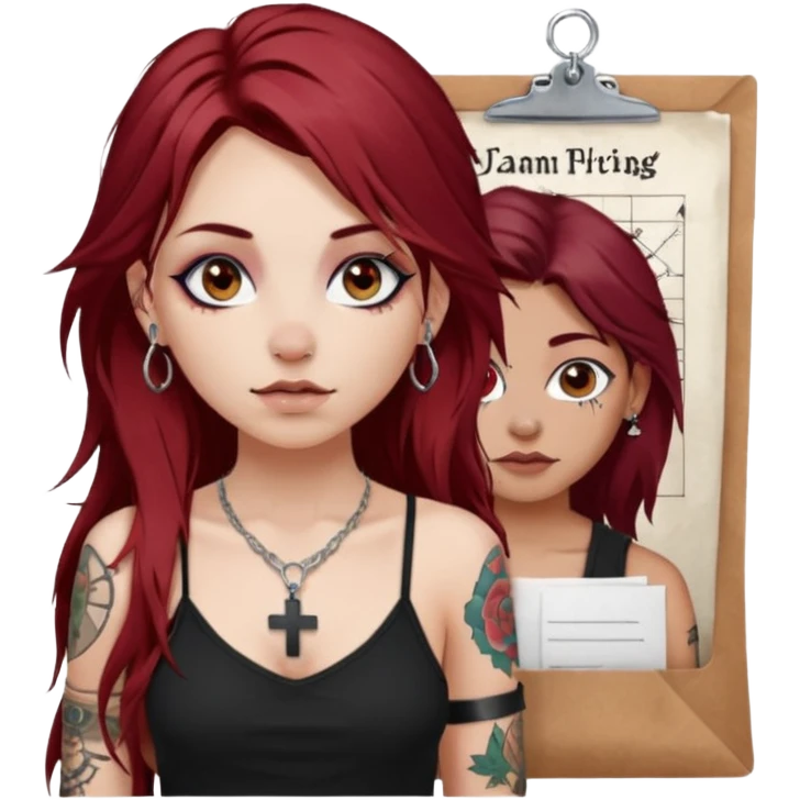 generate an ios genmoji of a fair girl with long dark red messy hair with eyeliner on her eyes.  septum piercing, wearing a cami black top, has tattoos, on shoulders. ear piercings. wearing a cross silver necklace. carrying a tote bag on her shoulders with chart paper peeking out. emoji