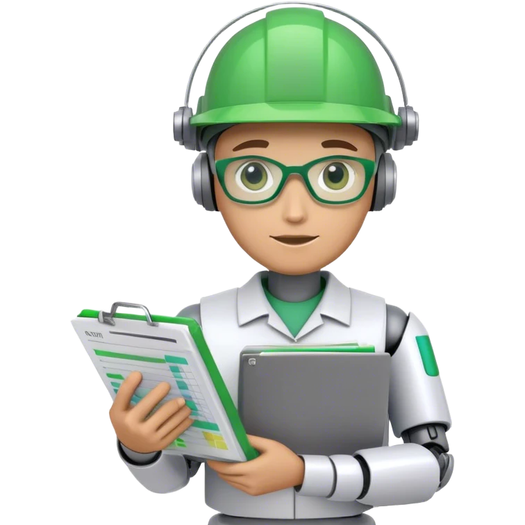 human like robot bookkeeper wearing an Green accountant visor  and holding spreadsheets emoji