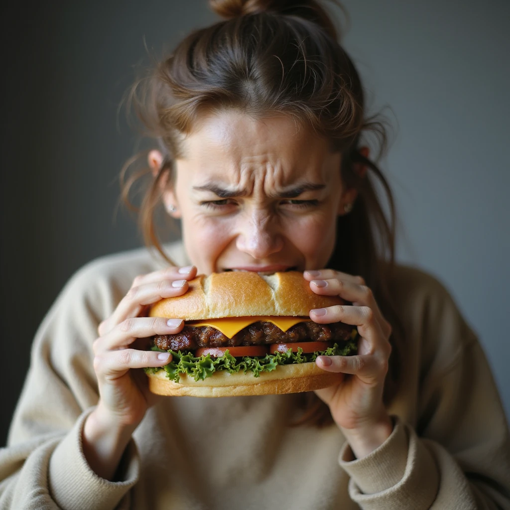 hyperrealistic image of a woman with a nervous and impatient expression trying to eat a huge sandwich, concept of uncontrollable and nervous hunger, white background emoji