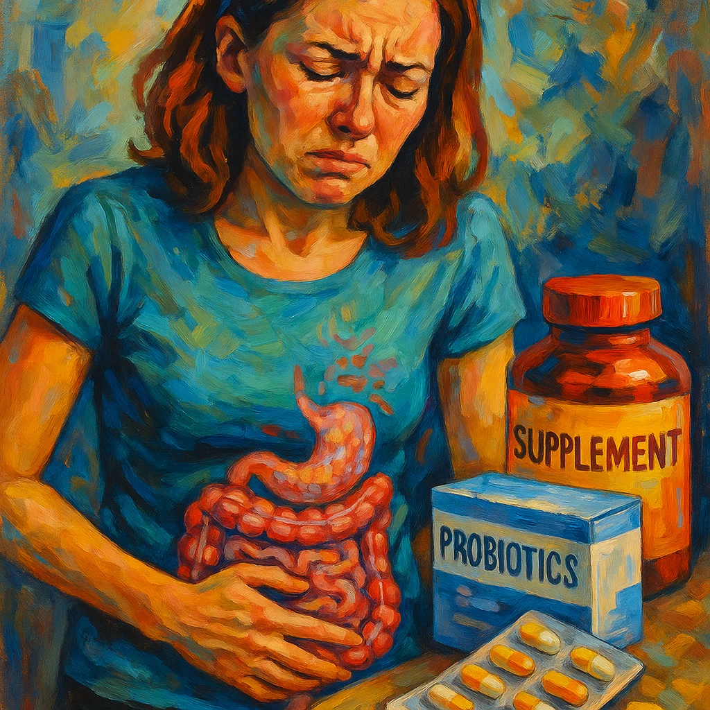 woman with intestinal dysbiosis caused by wrong supplementation, modern painterly style, suffering expression, vivid colors, clinical details, visible supplement packages emoji