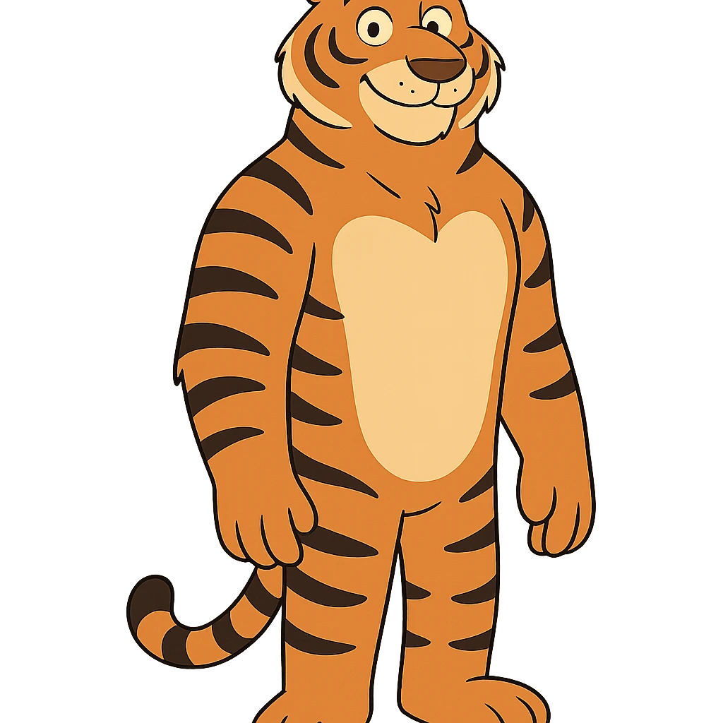 a kind, tall tiger, friendly expression, standing upright, cartoon style emoji