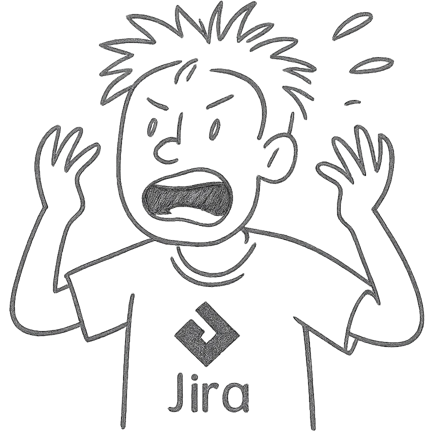 screaming IT guy wearing an Atlassian Jira t-shirt, hand drawn outlined icon emoji