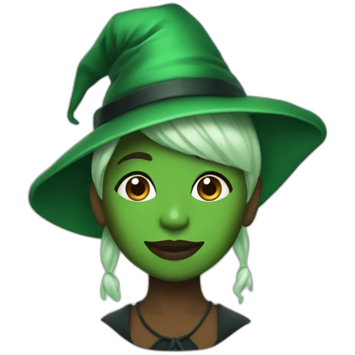 Cynthia Erivo with green skin and a witch hat emoji
