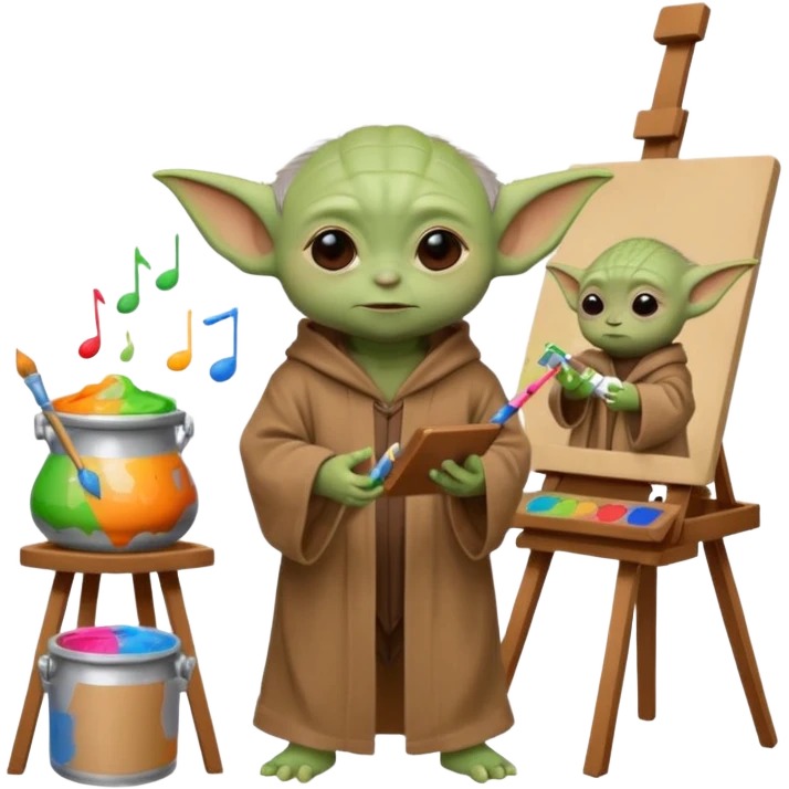 Baby Yoda in his brown robe listening music on his headphones, painting a picture on an easel and surrounded by paint pots. emoji