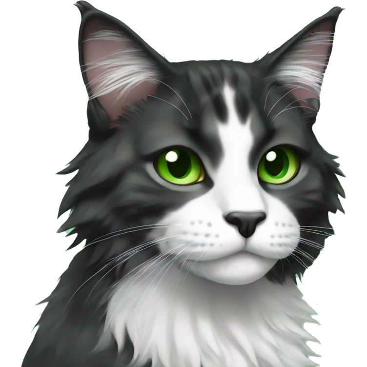 Black and white sad maincoon cat green eyes emoji