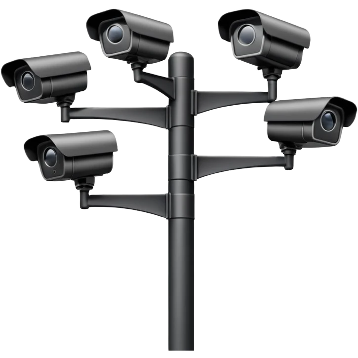 Multiple CCTV cameras on a pole in black facing individual different directions  emoji