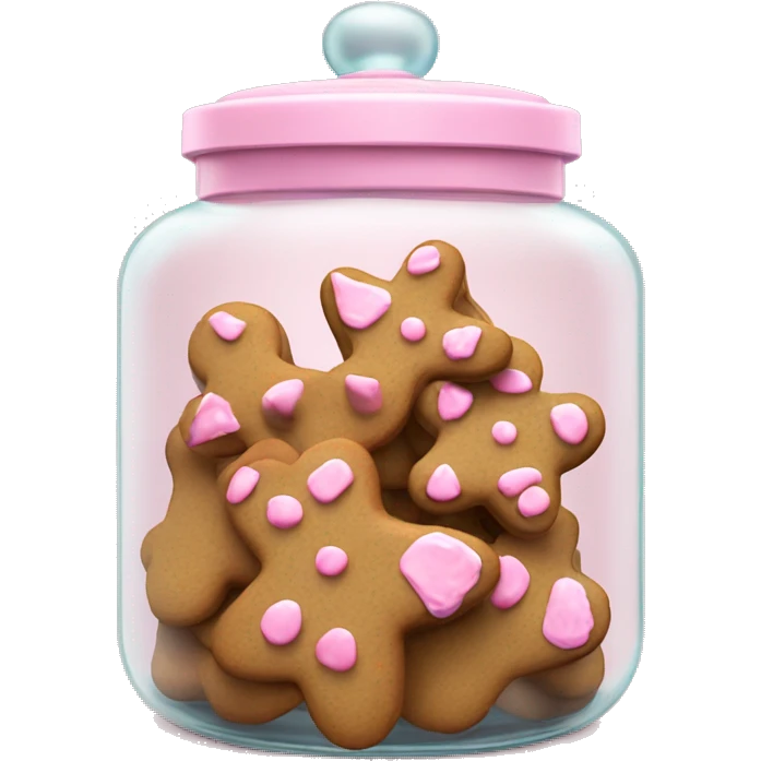 Realistic glass cookie jar with light pink lid full of gingerbread cookies isolated.  emoji