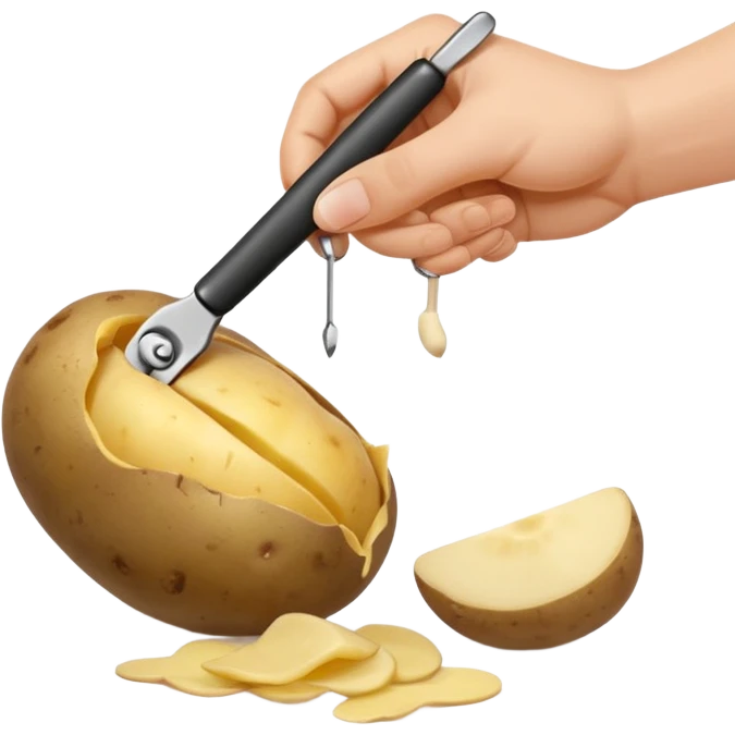 hand peeling a potato with a small kitchen peeler, potato skin curling off, simple white background, realistic textures, clean and bright, fun expressive design



 emoji