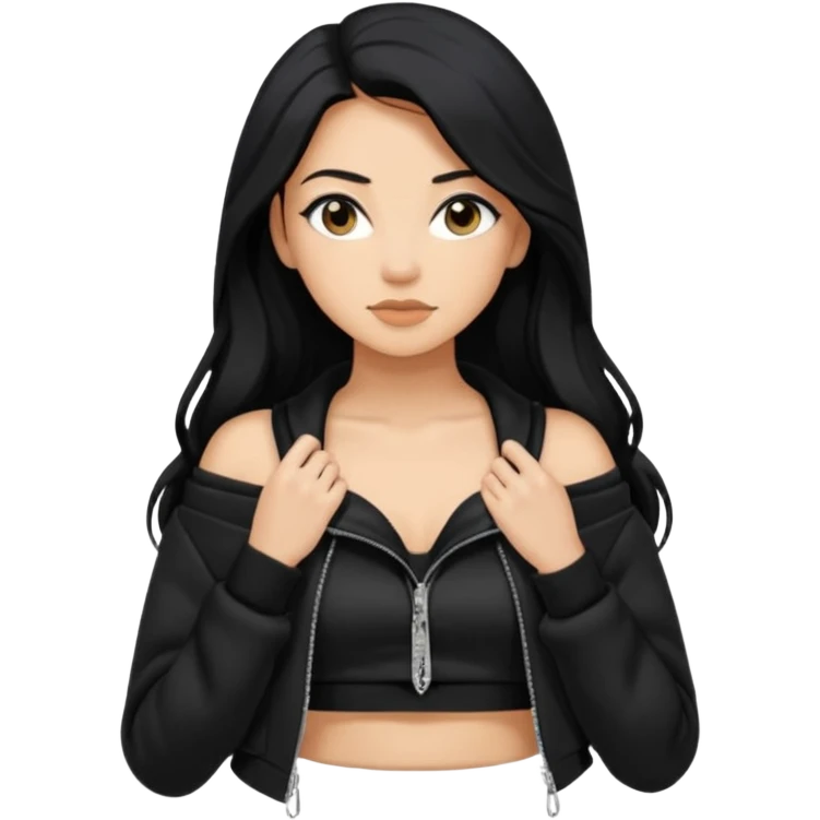 Siyah uzun saçlı siyah ceket  polar ceket ceket gevşek biraz omzundan çıkıyormuş gibi ve bugday ten rengi soltaraftaki omzundan çıkık sadece içinde de siyah crop var crop açık esmer esmer ceketin içinde siyah crop var be cropta omzuna bağlı ceketin sol üstü omzunun istinde emoji