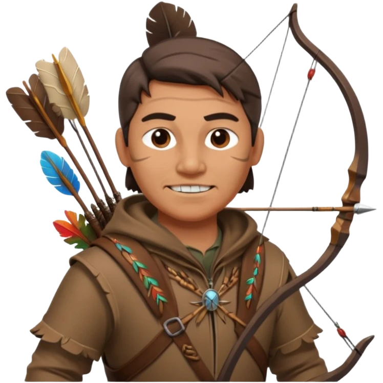 A classic middle-aged hunter with a bow and arrow on his back, dressed in brown clothes and decorated with feathers or bone teeth emoji