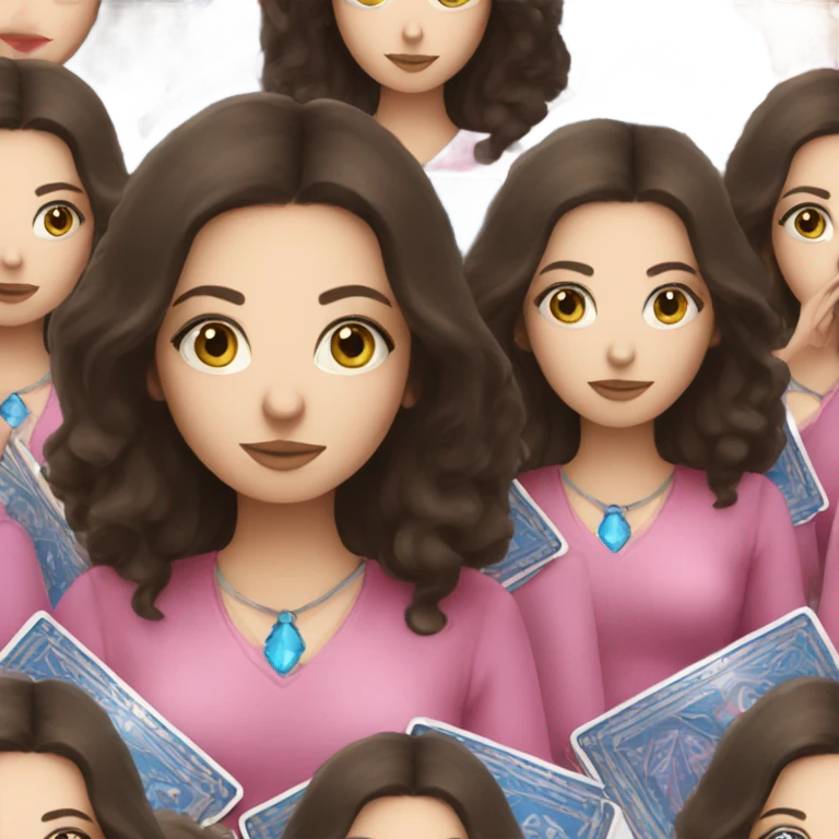 Brunette girl with blue eyes and pink tarot cards emoji