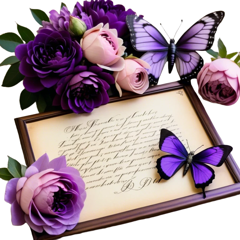 An antique love letter bundle, bound delicately with a purple silk ribbon, rests beside an arrangement of dried blush violet roses, lilac peonies, and soft purple dahlias, while a silver butterfly brooch adorned with pearls seems to pause, captivated by the deep violet inked calligraphy flowing across the aged parchment. emoji