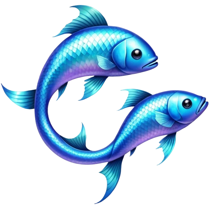 The zodiac symbol Pisces. Two fish in a “yin-yang” formation. The fish are glittering. One fish’s head is facing the other fish’s tail, and vice versa forming a circle.  emoji