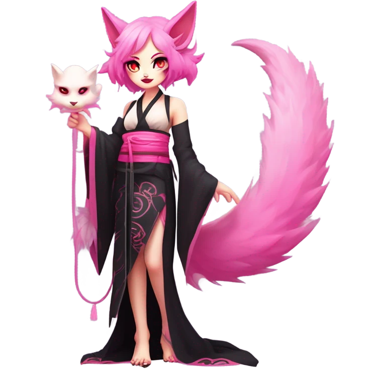 Full body female, succubus kitsune, neon pink eyes, vibrant pink hair, alabaster skin, fluffy black tails, pink tail tips, spiked choker, unique heritage, seductive charm, rebellious spirit, traditional kimonos, spiked anklets, and Barefoot 
 emoji