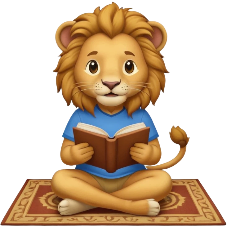 Happy lion reading on a carpet with blue and yellow shirt on emoji
