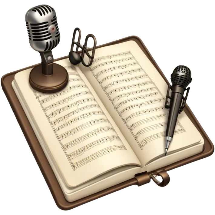 Create an emoji representing songwriting. The design should feature an open notebook or sheet music with visible lyrics between the musical notes, symbolizing the process of writing song lyrics. The text between the notes should be clearly visible. A pen or pencil should be placed near the notebook, indicating active writing. Optionally, include a vintage microphone lying beside the notebook (not on the music notes) to add a creative touch. Use a harmonious color palette with warm and neutral tones. Do not include any emojis or smiley faces. Make the background transparent. emoji