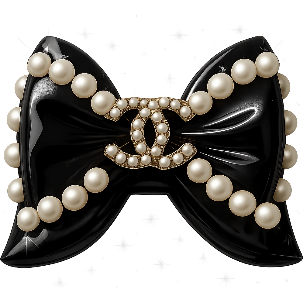 Add sparkling effects to the elegant bow with pearls and gold Chanel logo, glossy, monochrome, realistic style, with a solid white background. The image should have a clean and solid white background to highlight the sparkling and glossy details. emoji