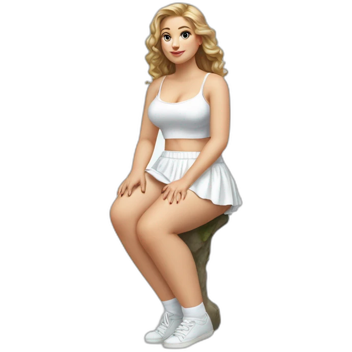 hyperrealistic-full-body-caucasian-curvy-beauty-sitting on the ground-small white-skirt-white knickers white socks emoji