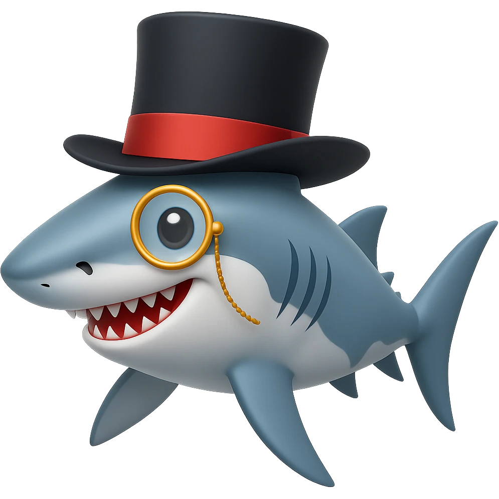 Add a monocle to the shark with a top hat in the style of emoji, no background. emoji