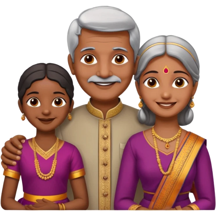 South indian family with a 70 years old father and mother and a 40 years old daughter. They wear a traditional dress. They are smiling. emoji