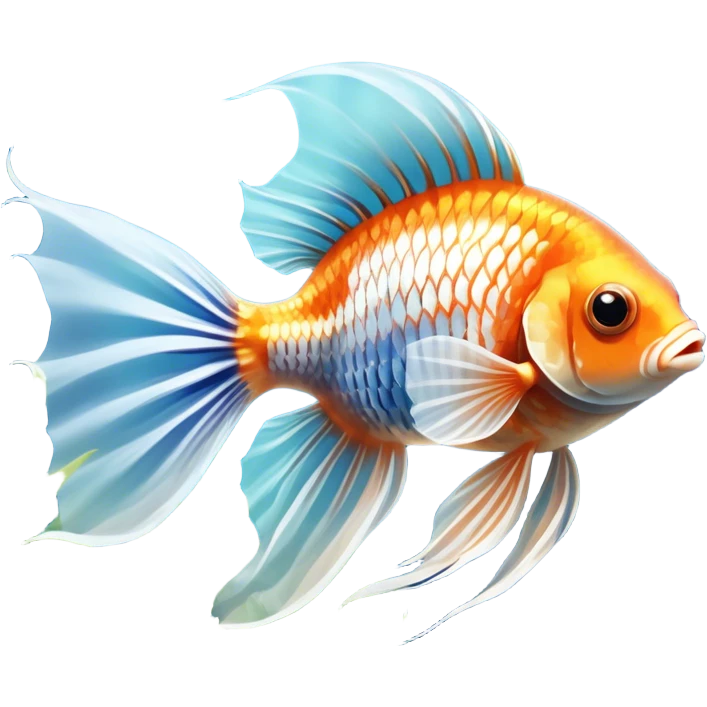 Large aquarium fish like veil tails and lionhead goldfish swimming gracefully in a beautifully decorated aquarium. Colorful aquatic plants, smooth rocks, and gentle bubbles surround the fish. The water shimmers in sunlight, creating a peaceful and vibrant underwater scene. Transparent background. emoji