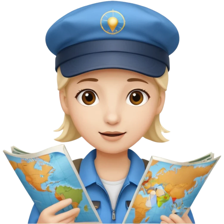A person with a travel cap and a map, asking for travel duty flight, lively and dynamic emoji
