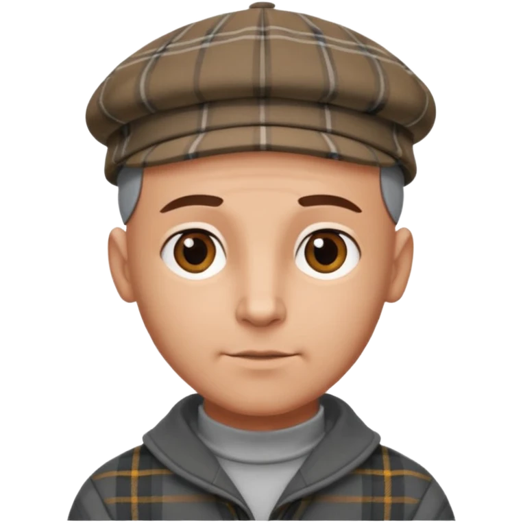 a bald man wearing a grey and brown tratan flap cap looking really hopeful emoji