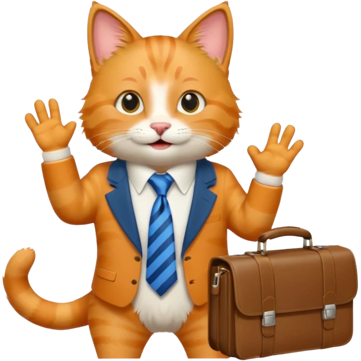 happy cat with a blue tie and briefcase, waving emoji