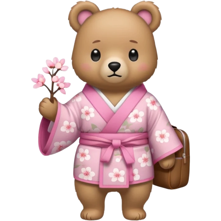 A cute light-brown bear wearing a pastel pink sakura-patterned kimono, normal balanced body ratio.  
Wearing a small backpack on the back, one paw holding the strap, ready to go outside.  
Kawaii emoji style, minimalistic clean sticker illustration, white background. emoji