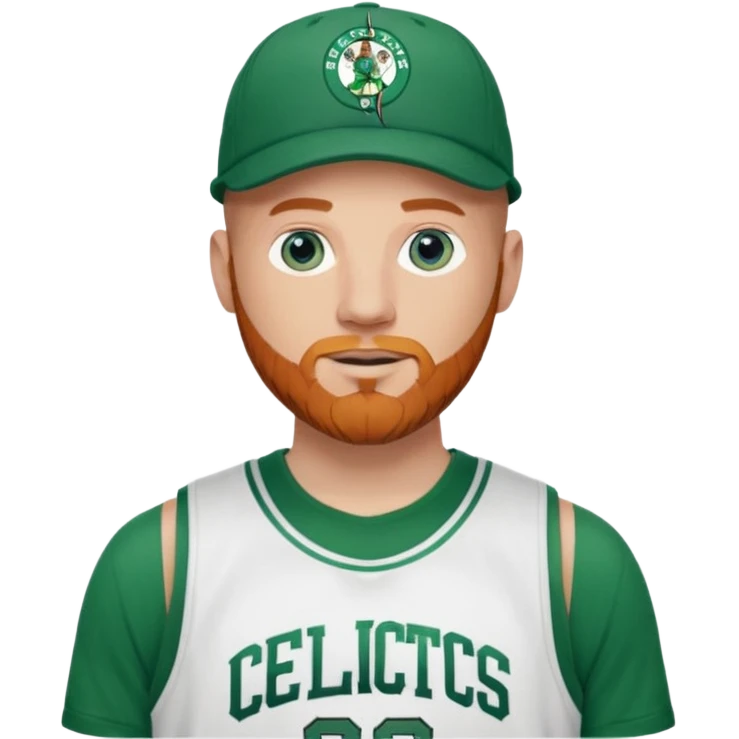 Bald white man with ginger beard and blue eyes in Jason Tatum jersey Boston Celtics jersey over tshirt with Boston Celtics basketball logo on cap emoji