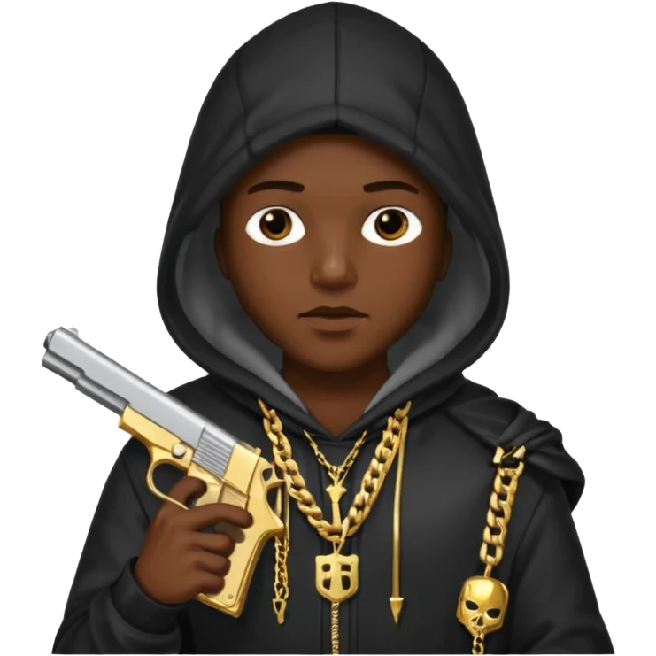 Chuky con pistola encapuchado y con collares emoji