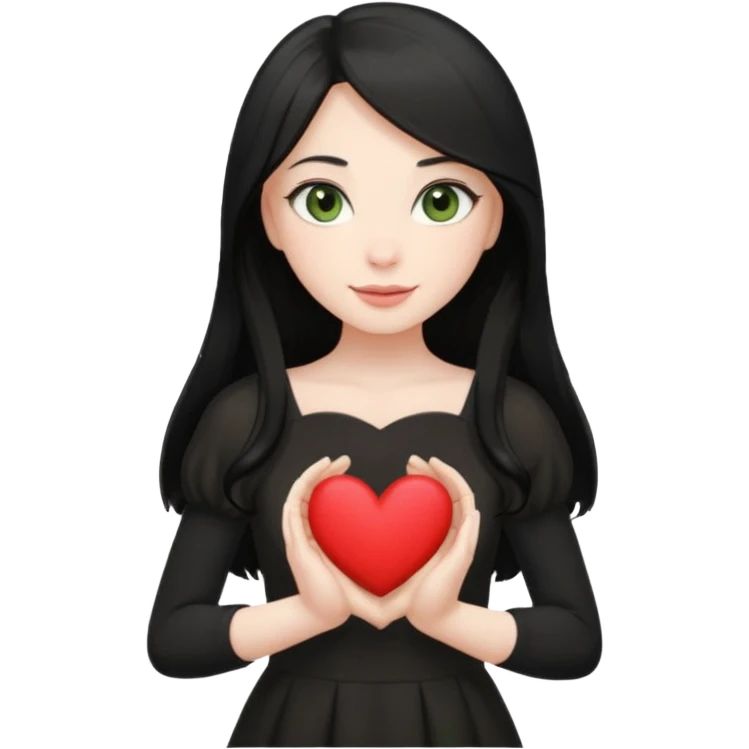 Pale girl with long black hair and olive green eyes soft smile wearing black dress and holding a heart emoji