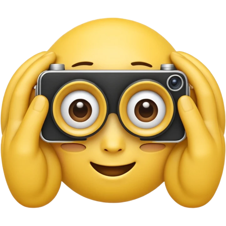 A 3D Apple-style yellow emoji character, classic round shape, using both hands to form a rectangular “camera frame” in front of its face, fingers extended and slightly curved, focused expression with raised eyebrows, cartoonish eyes looking through the frame, clean minimal background emoji